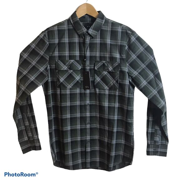Armani Exchange AX Shirt Mens S Long Sleeve Green Plaid Regular Fit Cotton $80 - Picture 3 of 5